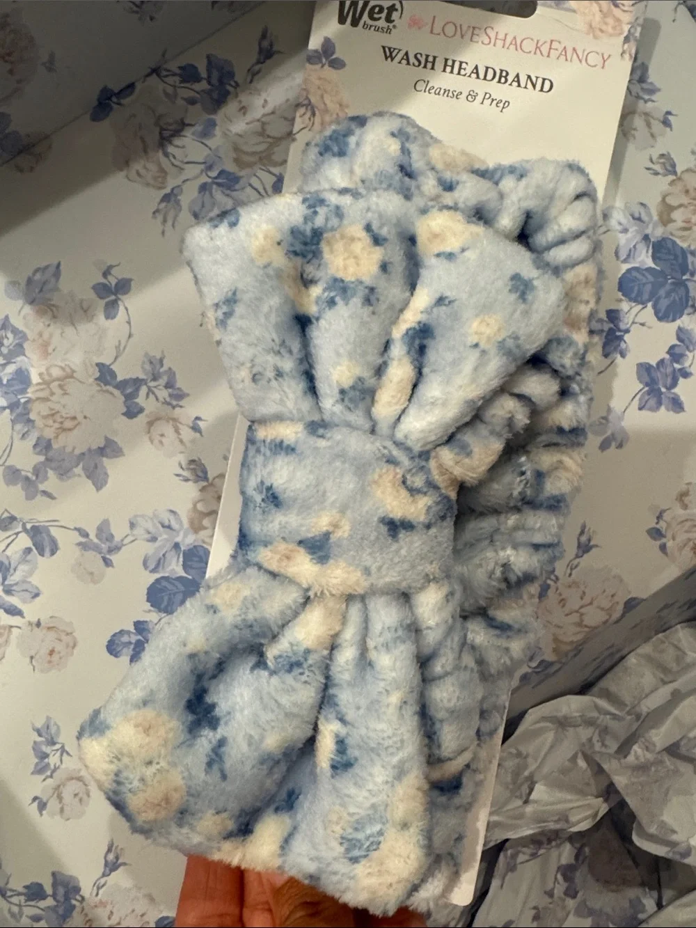 LoveShackFancy Light Blue and Cream Plush Bow Headband